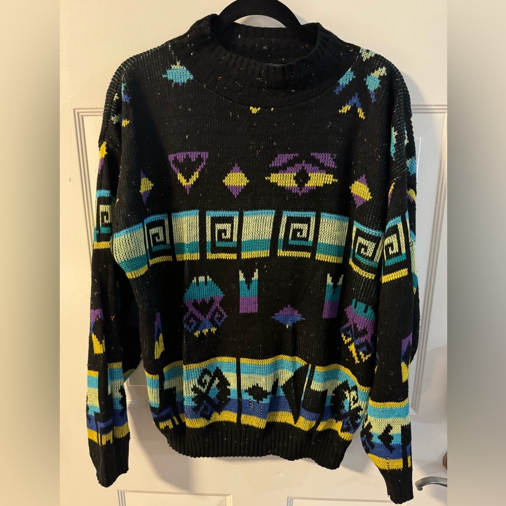 90’s Vibrant Geometric Aztec Funky Colorful Sweater Eclectic Grandpa Bright VTG